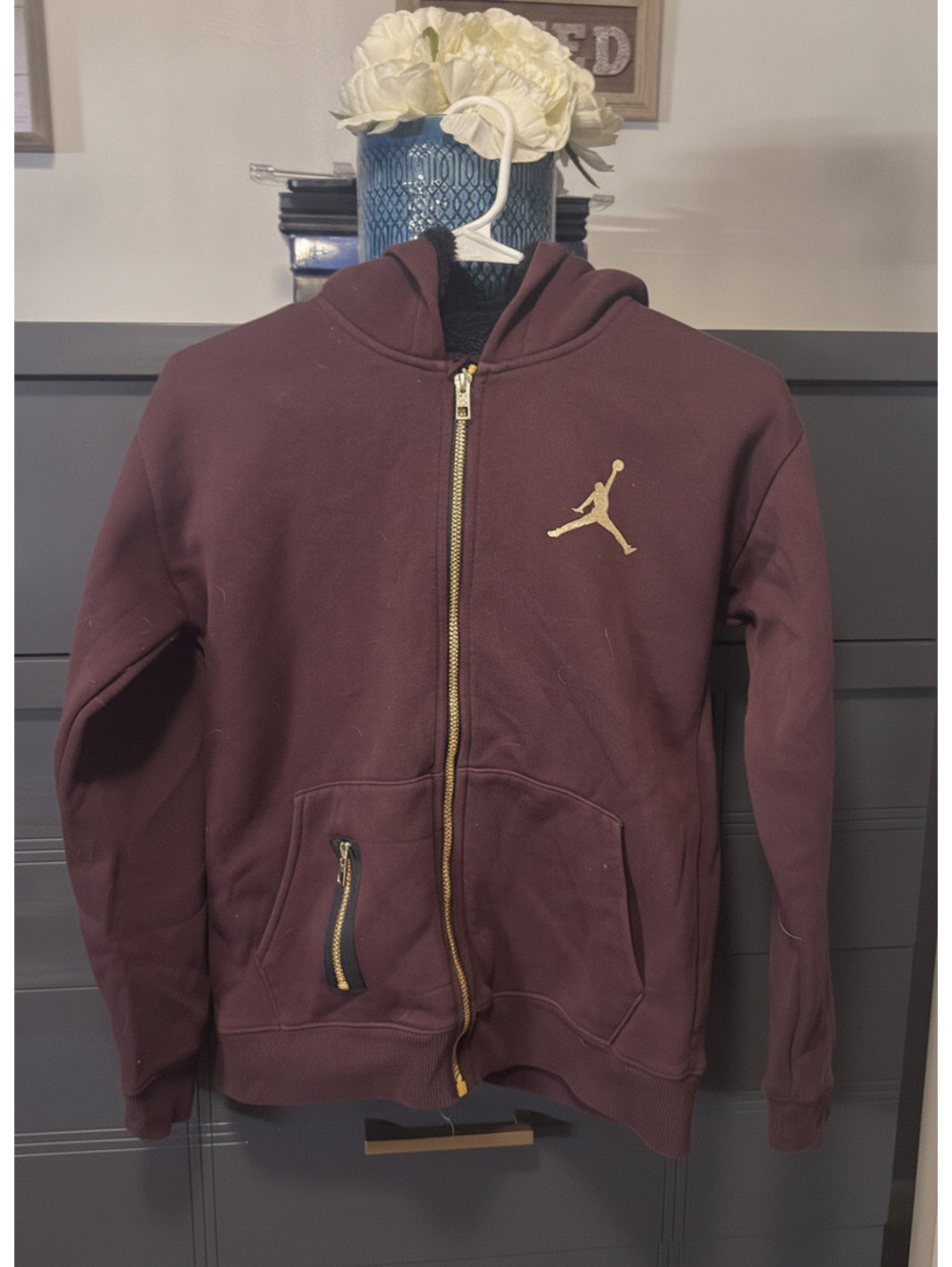 Jordan Boys' Burgundy Full Zip Sherpa Lined Hoodie with Gold Accents